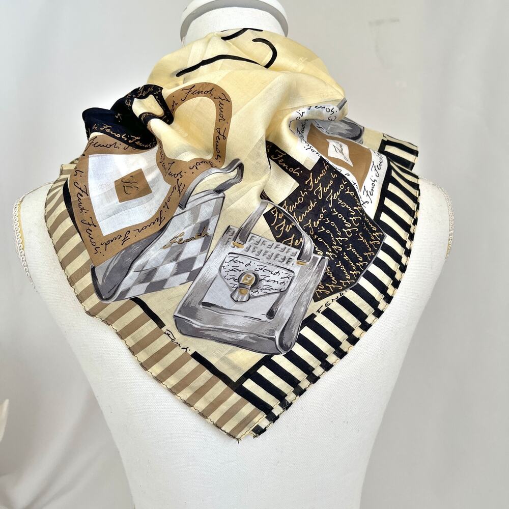 FENDI Logo Handkerchief Scarf Cotton Womens Golden Beige Black Neutrals